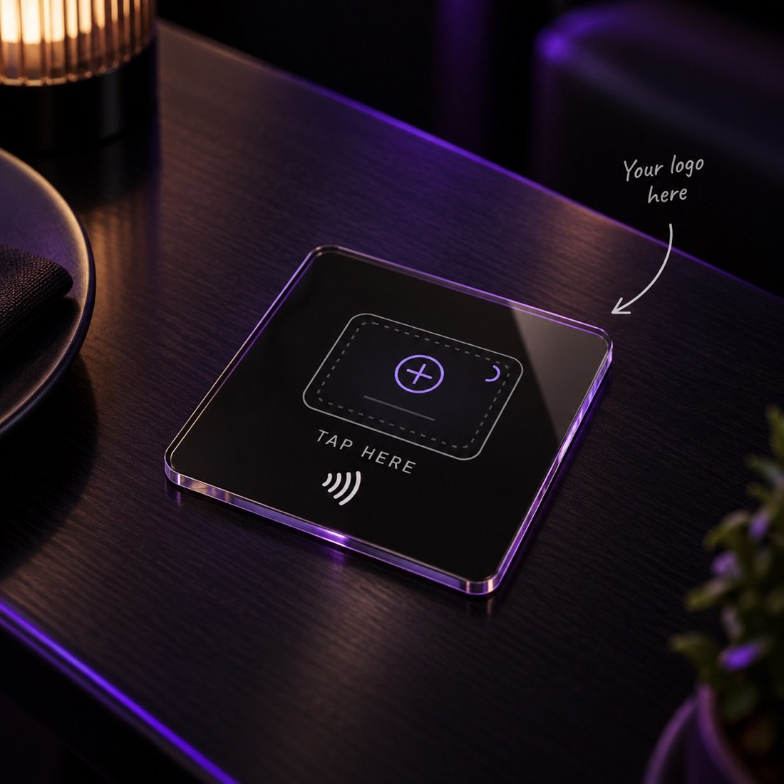 Black custom-branded NFC plate on a dark table, with a marked area reading "your logo here" and a tap-here contactless icon