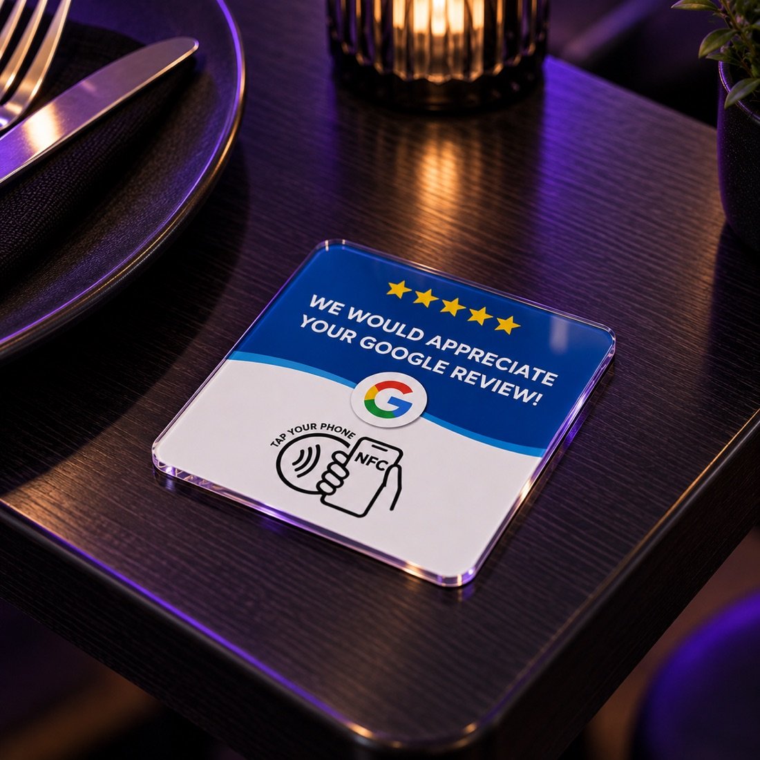 Flat Google review NFC plate resting on a restaurant table next to a place setting, reading "We would appreciate your Google review"