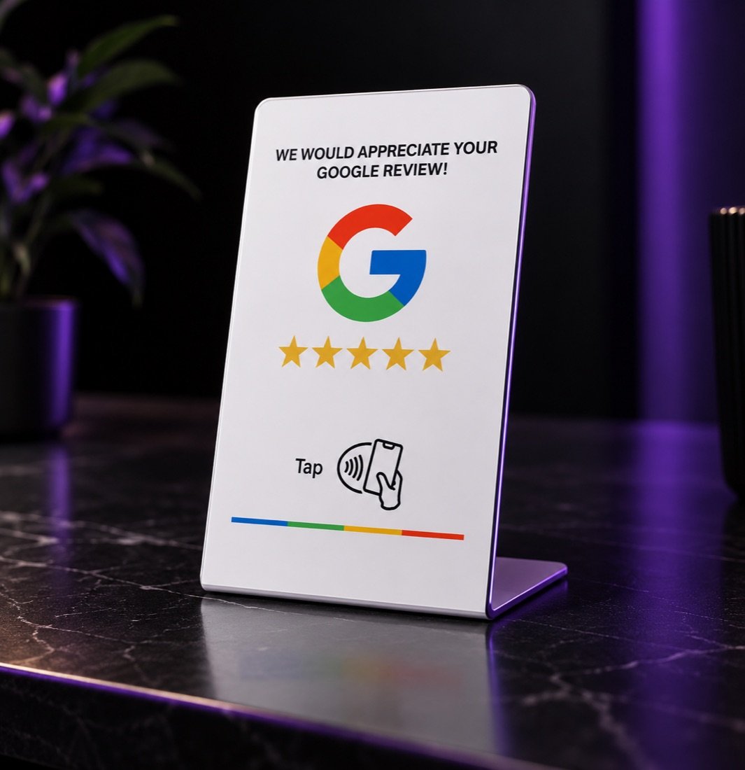 Google review stand upright on a dark marble counter, showing a five-star Google review prompt and a tap-to-review icon