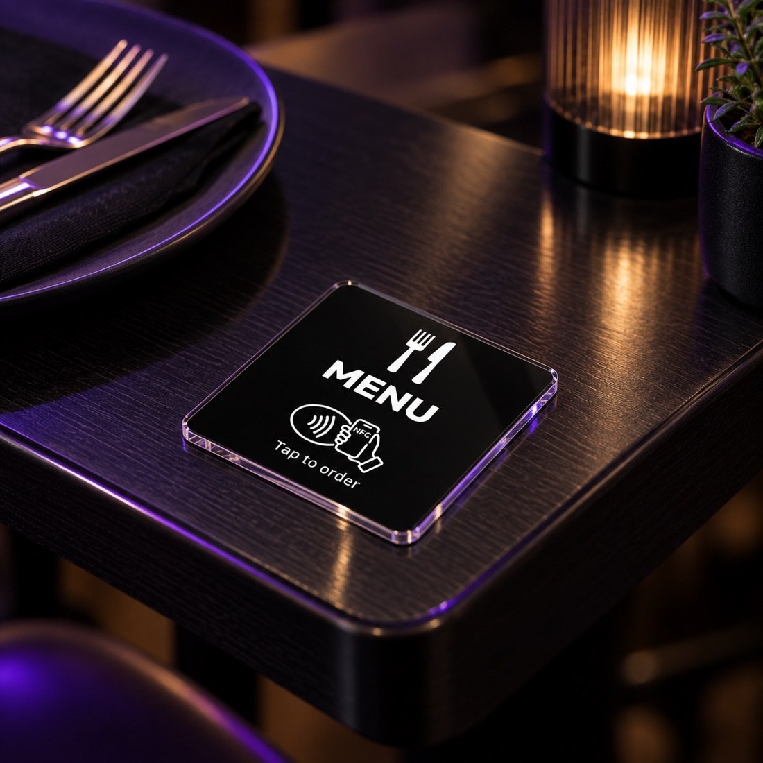 Black NFC menu plate on a laid restaurant table, reading "Menu &mdash; tap to order"